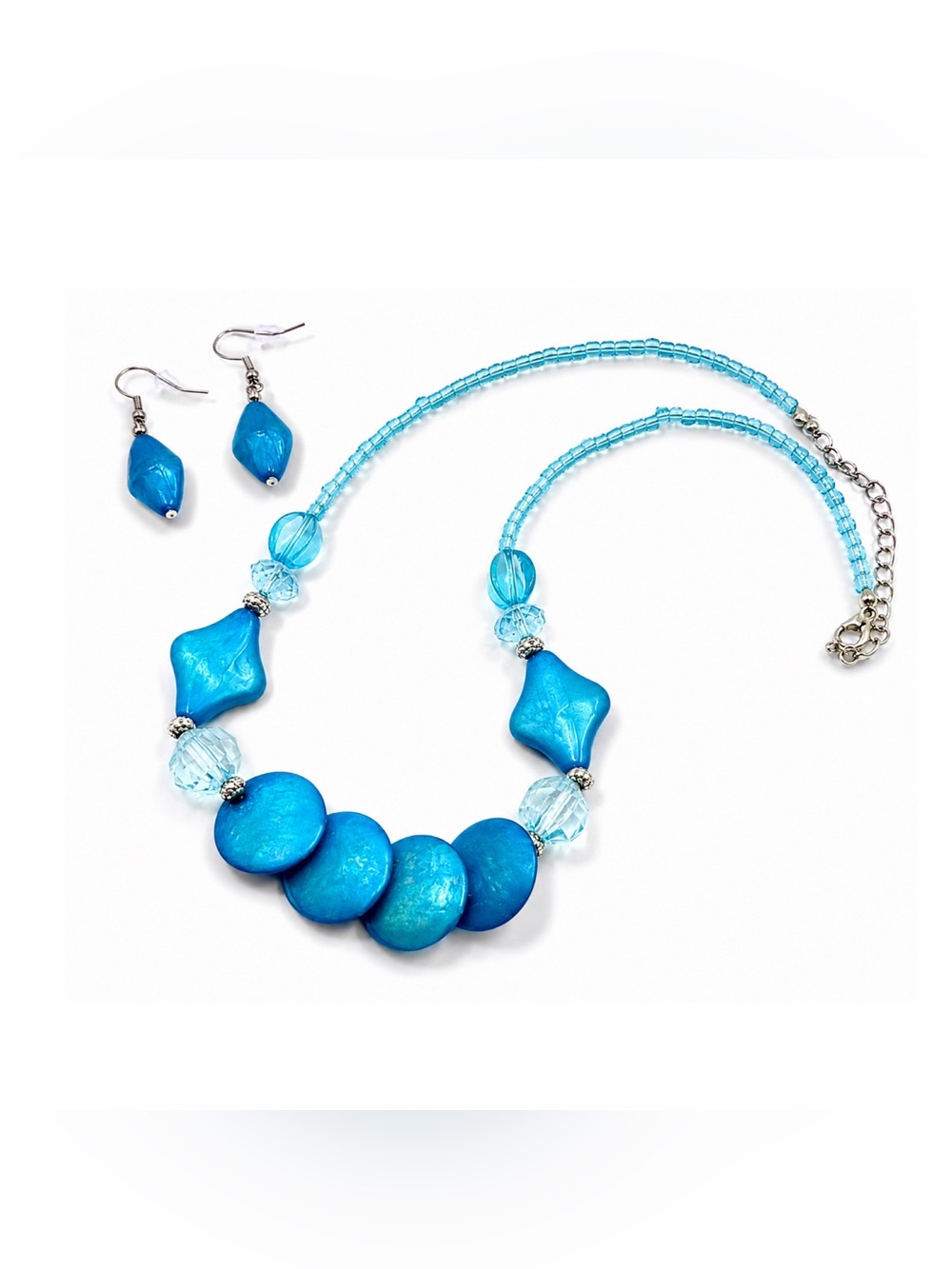 Aqua Turquoise Blue Statement Necklace Matching Earrings Fashion Jewelry Set VG